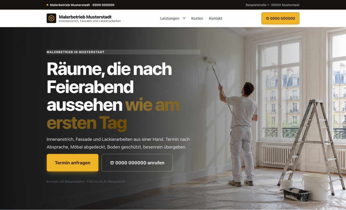 Screenshot des Seitenkopfs eines Malerbetrieb-Konzepts: Maler rollt eine helle Wand, links Überschrift „Räume, die nach Feierabend aussehen wie am ersten Tag" und gelber Termin-Knopf